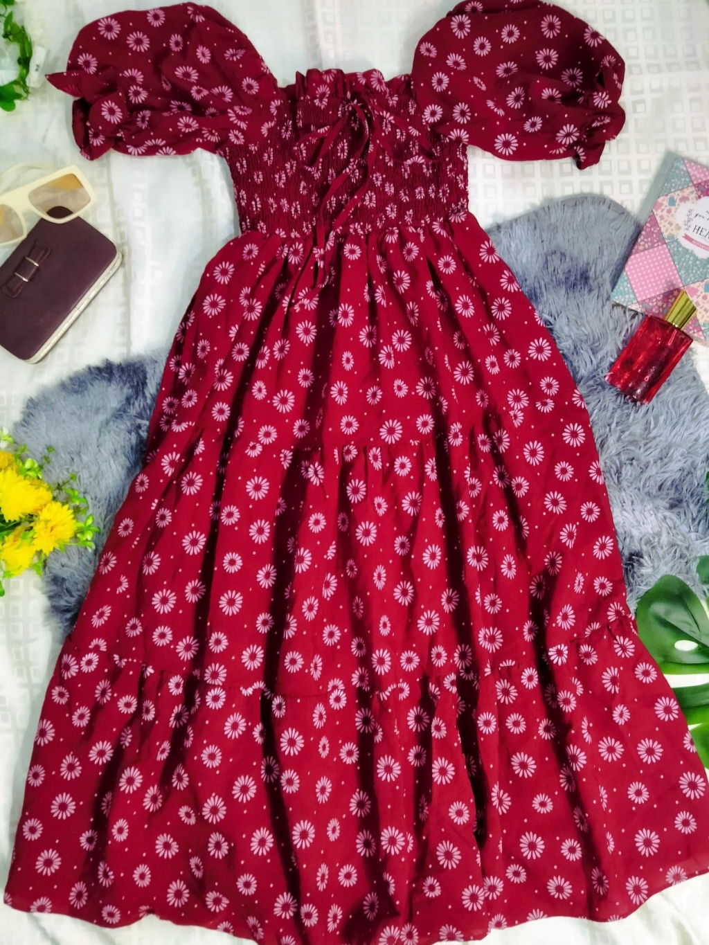 Rose Red Floral Midi Dress Korean Style Elegant Maxi Dress for Women