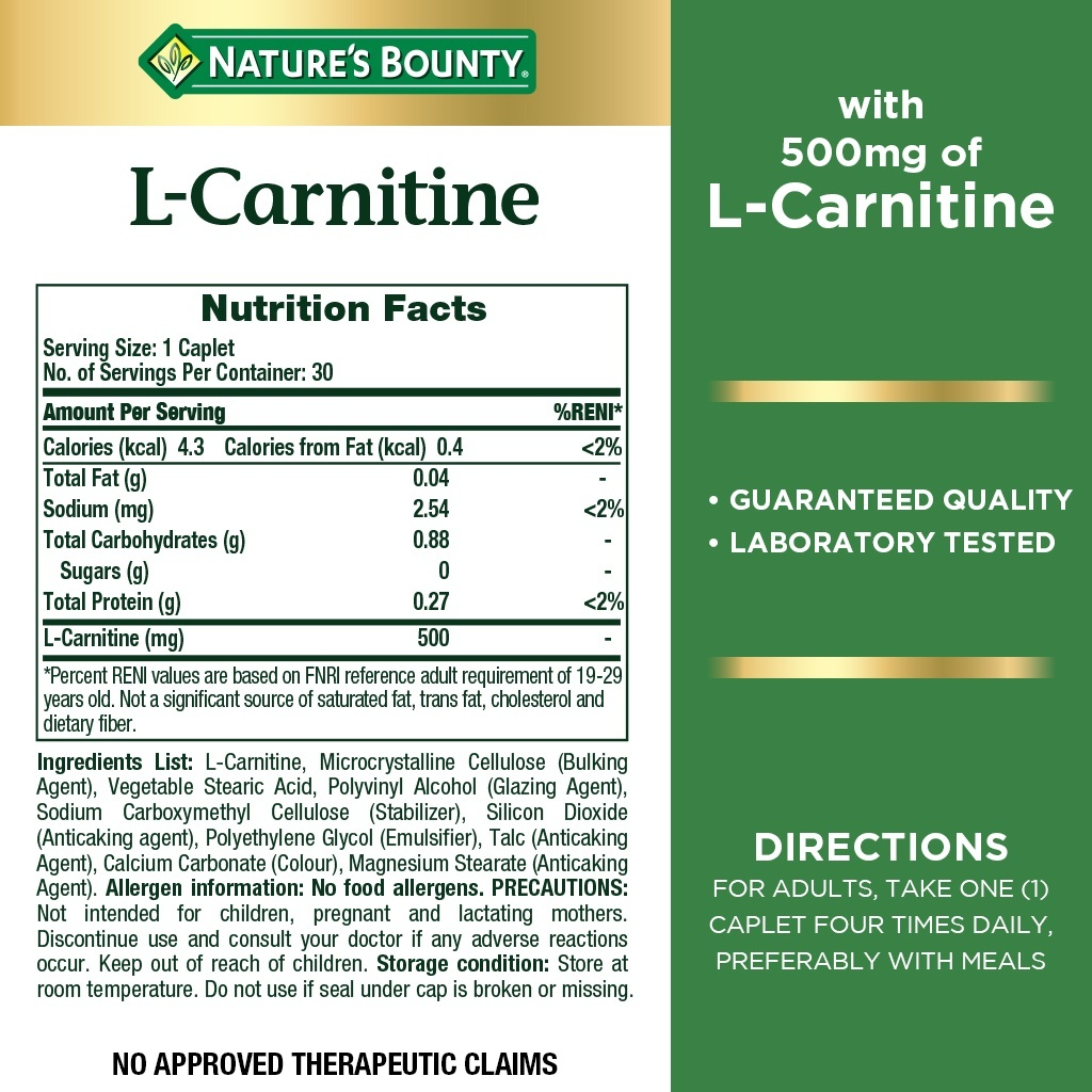 nature's bounty l-carnitine 500 mg NATURE'S BOUNTY L-CARNITINE Food Supplement 500mg x 30 Caplets