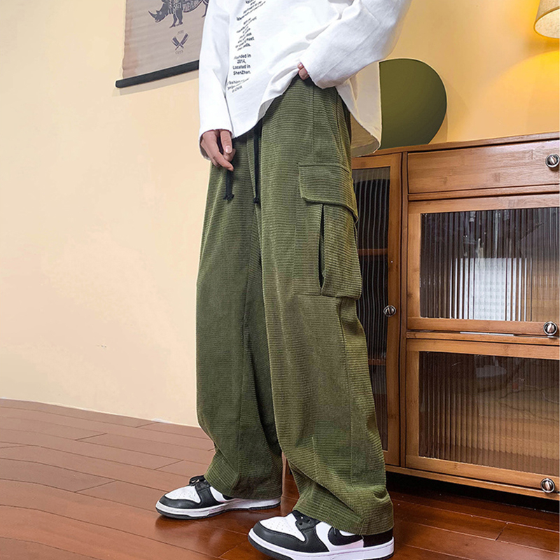 Waffle Cargo Pants For Men Korean Black Baggy pants Straight Cut Slacks ...
