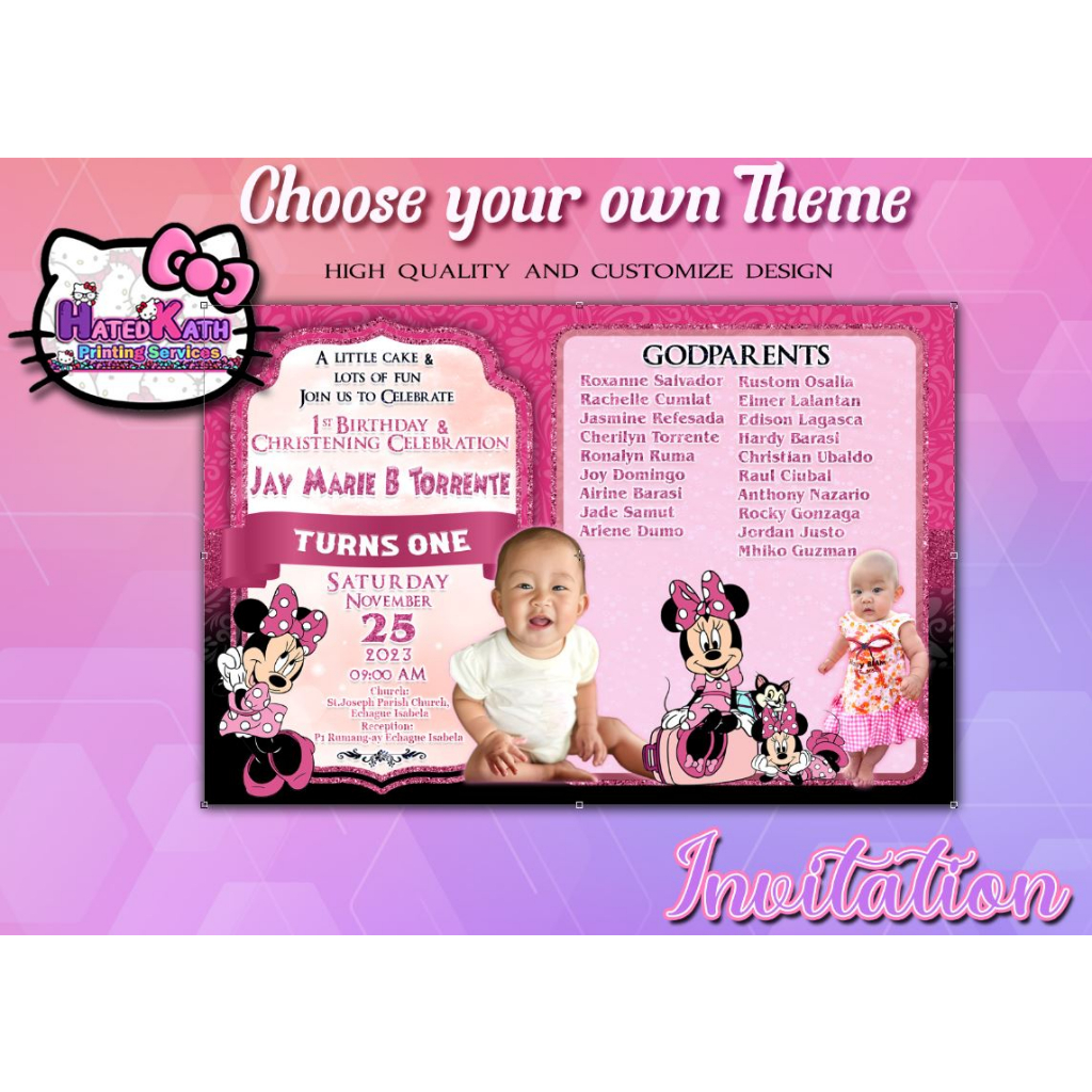 CUSTOMIZED INVITATION CARD BIRTHDAY Christening Minnie Mouse