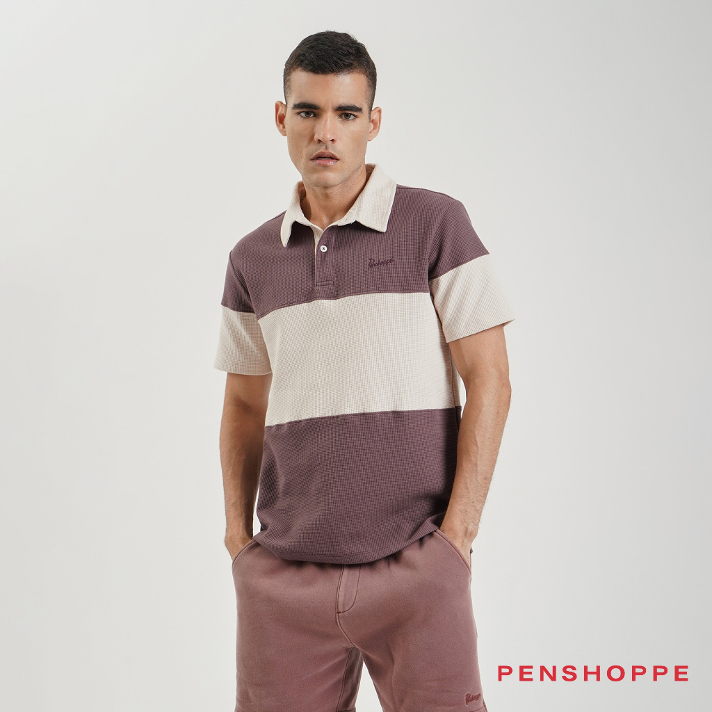 Penshoppe Relaxed Fit Color Blocking Polo For Men Oxblood Sand Polo Shirt Shopee Philippines