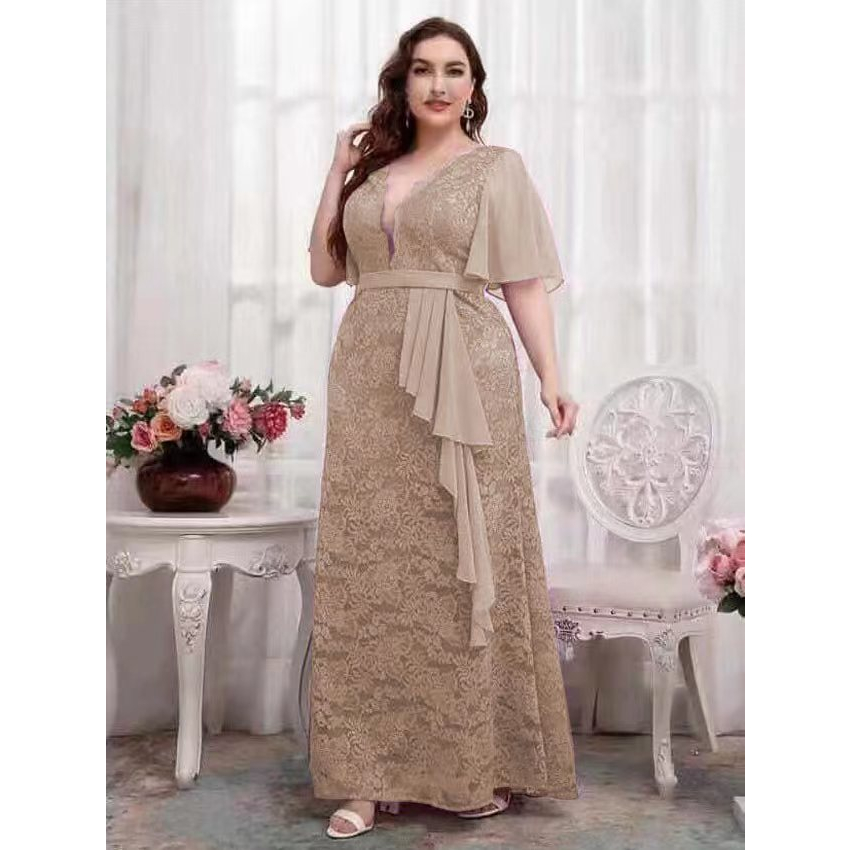 Plus Size Butterfly Sleeve Embraided Lace Maxi Dress R#929