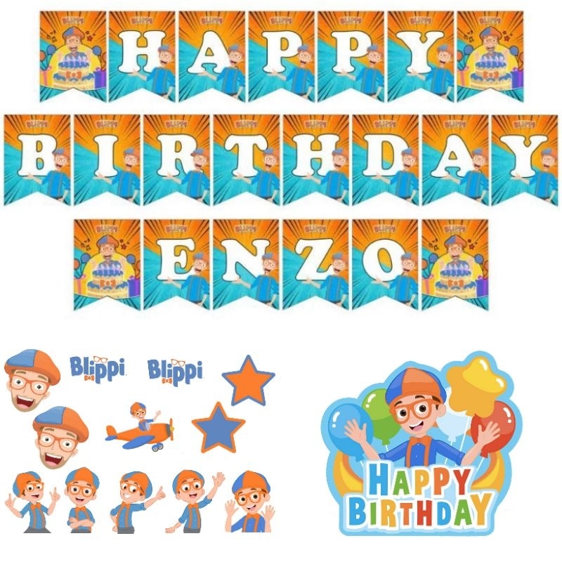 Blippi Theme Happy Birthday Party Banner Cupcake Cake Topper Decoration