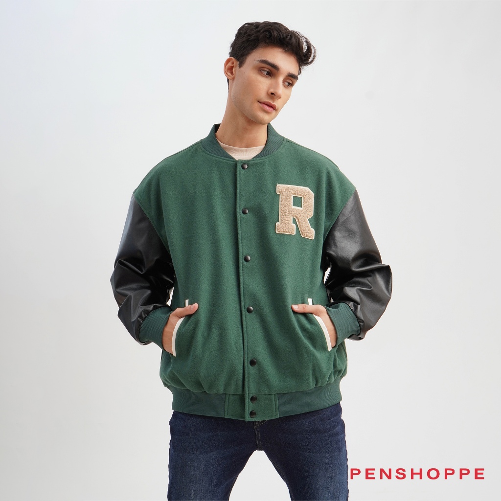 Penshoppe Unisex Varsity Jacket With R Patch (Dark Green) | Shopee ...