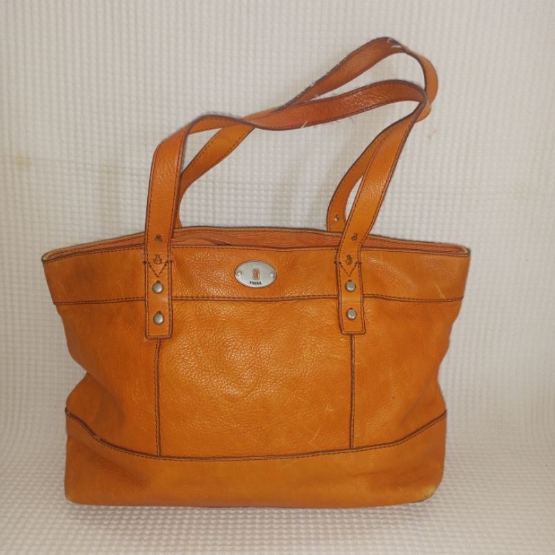 Authentic Fossil Orange Pebbles Leather Tote Shoulder Bag (Used