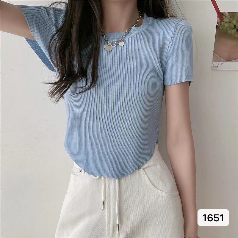 1651 Korean round neck irregular knit top solid color summer short ...