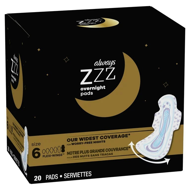 Always ZZZ Overnight Pads for Women with Wings, Unscented, Size 20 Ct