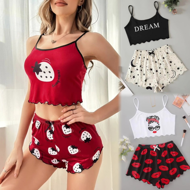 Summer sexy halter shorts pajamas set for women cartoon print homewear ...