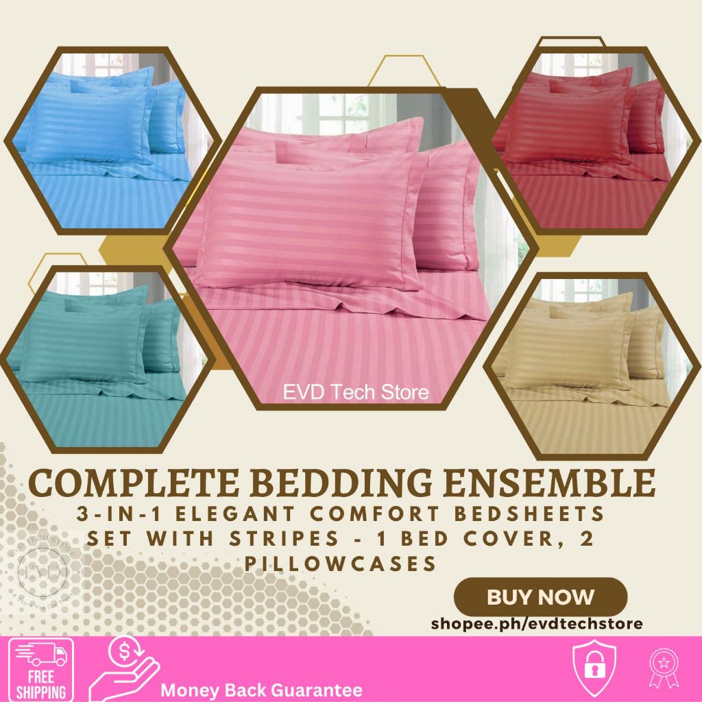 EVD 3in1 Elegant Comfort Bedsheets Set with Stripes 1 Bed Cover, 2