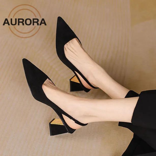 AURORA Black Pointed High Heels for women French One Strap Slingback Block  Close Heels