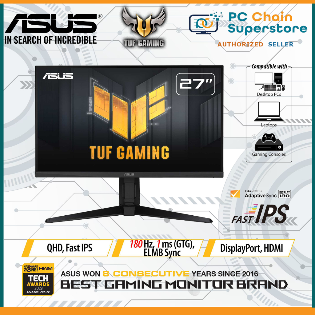 ASUS TUF Gaming VG27AQ3A 2K Monitor 27" QHD Fast IPS 1440P 180Hz 1ms GTG Freesync