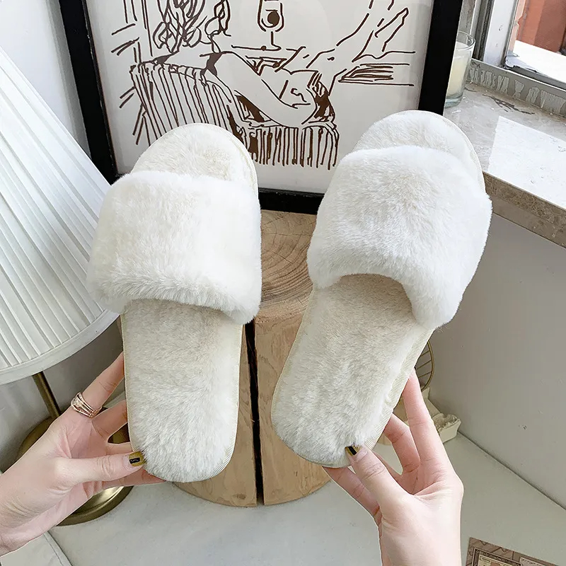 FSF Fur Slippers Sewing Shoes Pumps Rabbit Plush Indoor Slides | Shopee ...
