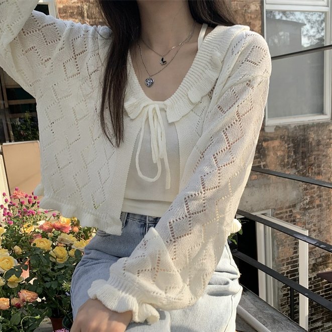 Korean retro hollow strap knitted cardigan gentle long-sleeved top ...