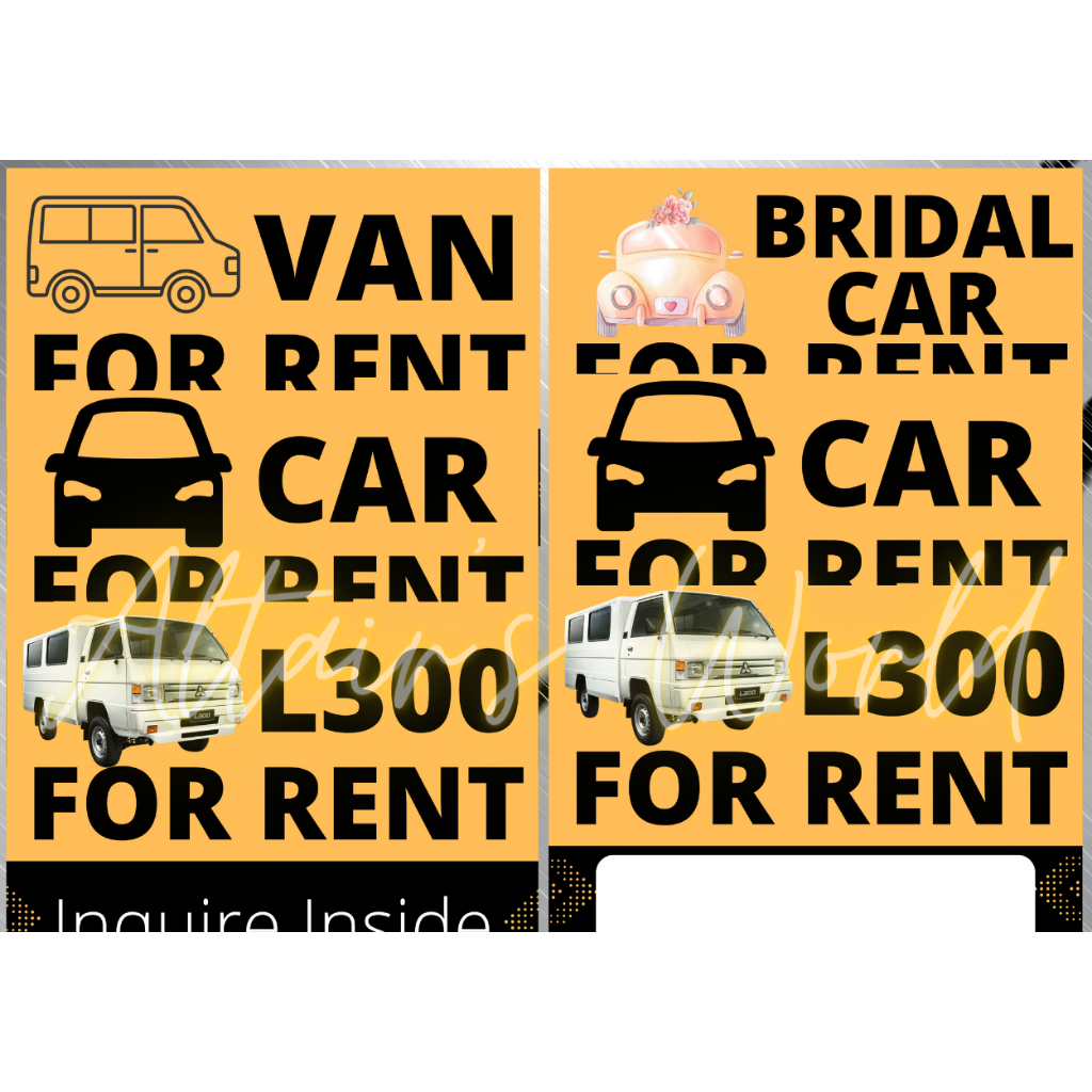 Aw Signages FOR RENT FOR HIRE Van Car L300 Bridal Car For Rent Sign ...