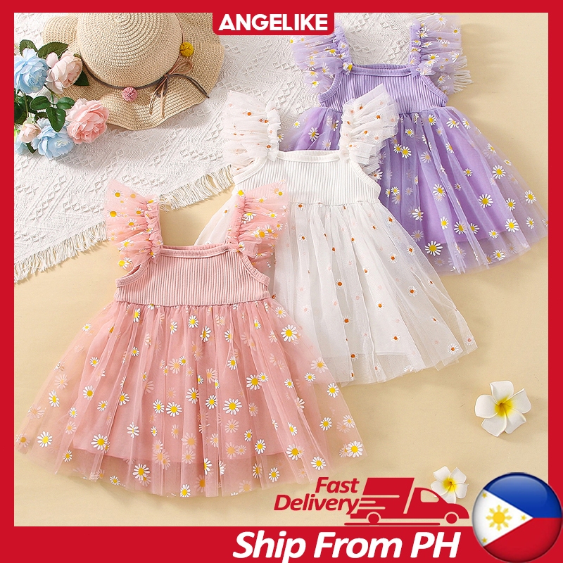 Baby Girl Dress 1 Years Old Flying Sleeve Daisy Print Tutu Dress 2 3st