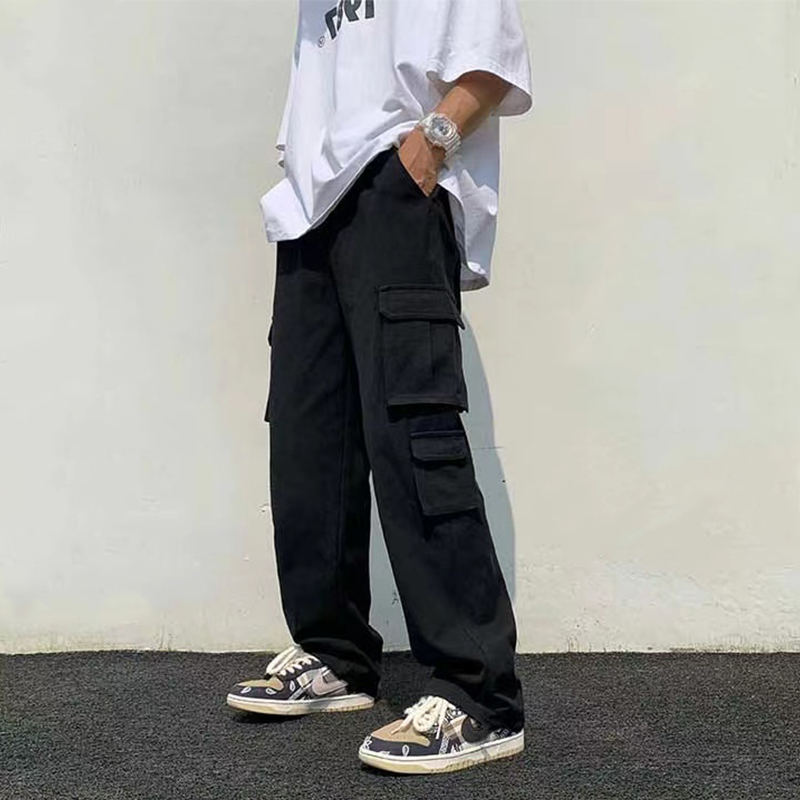 Mens Black and White Pocket Cargo Pants Solid color Overalls Loose ...