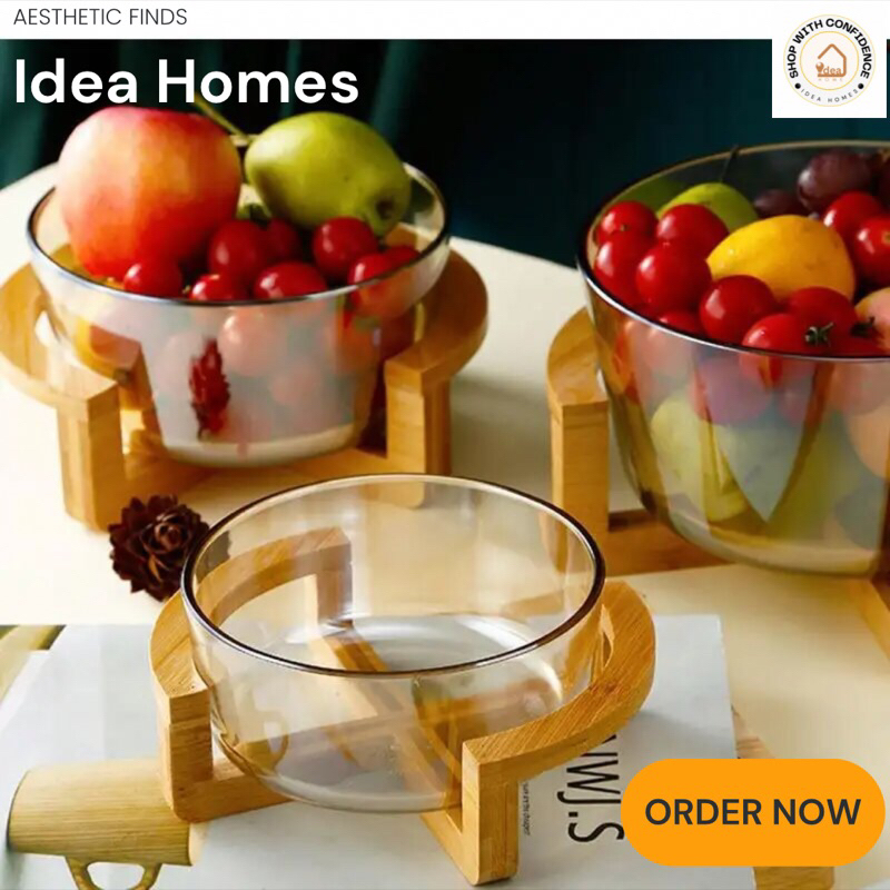 IDEA HOMES 3 Sizes Borosilicate Glass Bowl Wood Base Shopee Philippines