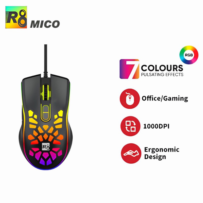 R8MICO M1631 Rainbow LED Light Wired Optical 7D high DPI Gaming Mouse ...