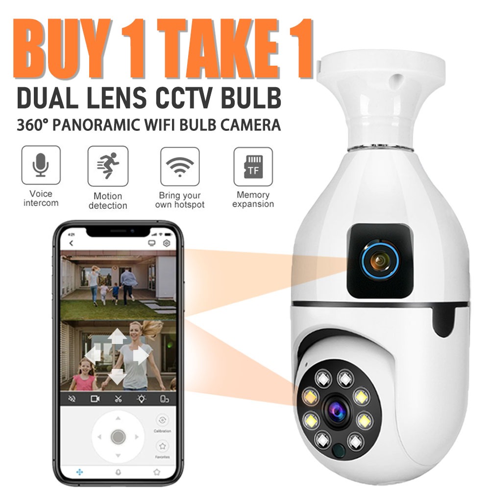 BUY 1TAKE 1 CCTV Dual Lens Bulb Camera NO WIFI Needed 8MP 360°Rotate