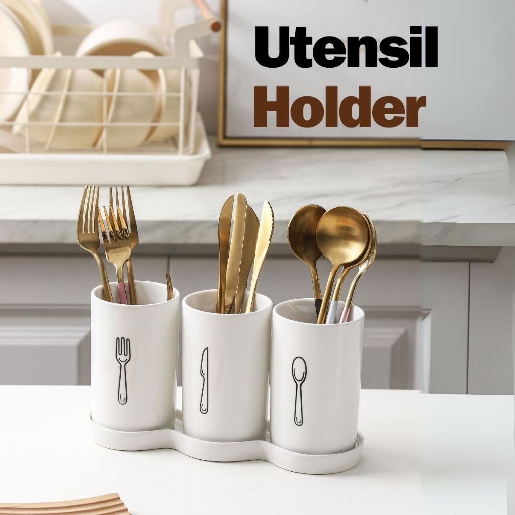 Spoon Fork Knife Cutlery Holder Porcelain Jar Utensil Caddy Silverware