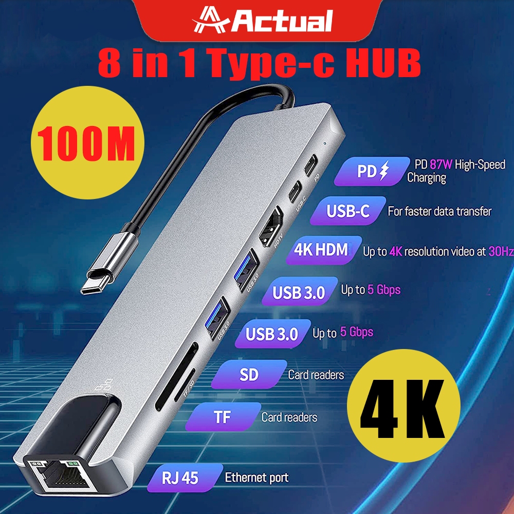 Actual 8 In1 Type C USB C OTG Hub Multiport Adapter PD Charger USB 3.0