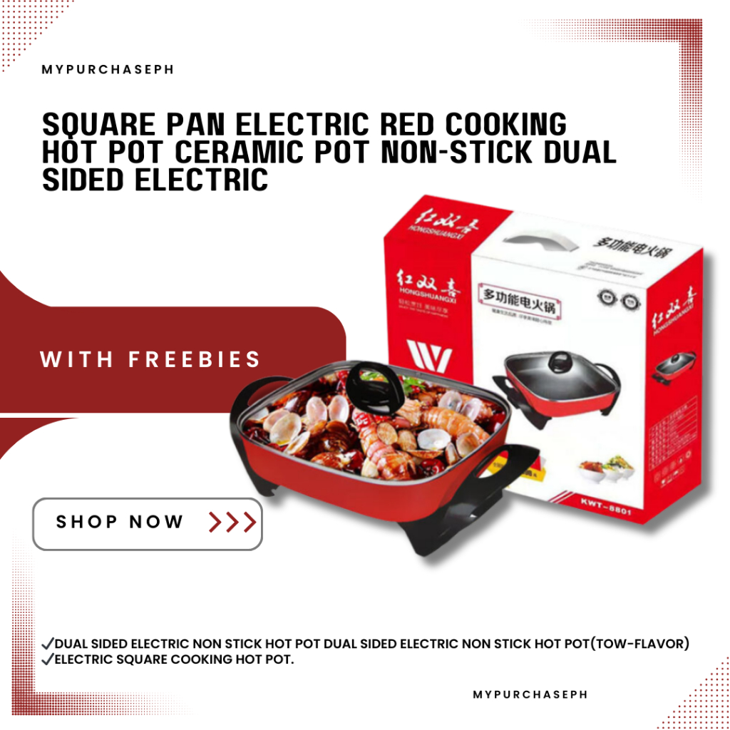 Square Pan Electric Red Cooking Hot Pot Ceramic Pot NonStick Dual