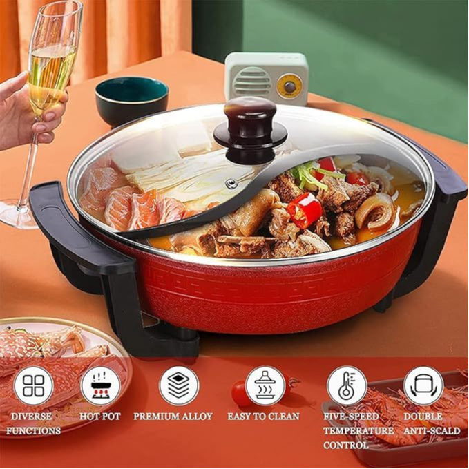 Electric Hot Pot Double Shabu Shabu Pot Non Stick with Divider and