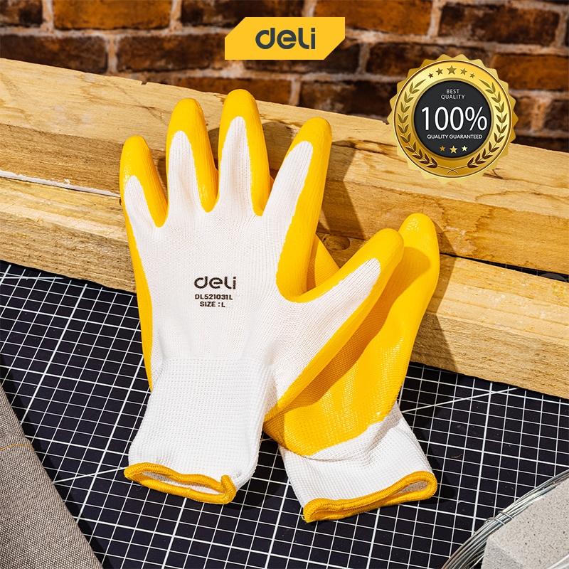 Deli Protective Gloves Polyester Nitrile Safety Work Gloves Yellow (12