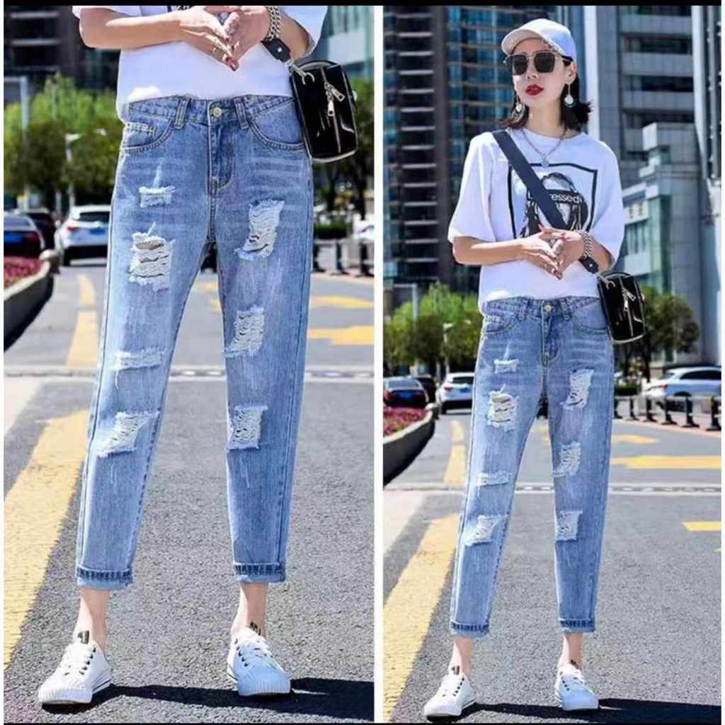 High Waist Denim Ripped Jeans Stylish Good Quality For Women | Shopee ...