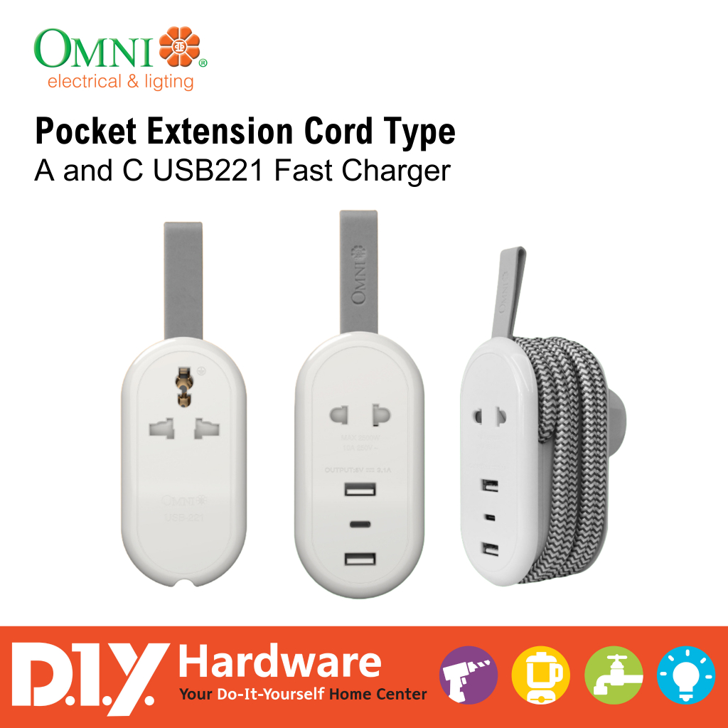 OMNI Pocket Extension Cord w/ USB a and type C Fast Charger Shopee