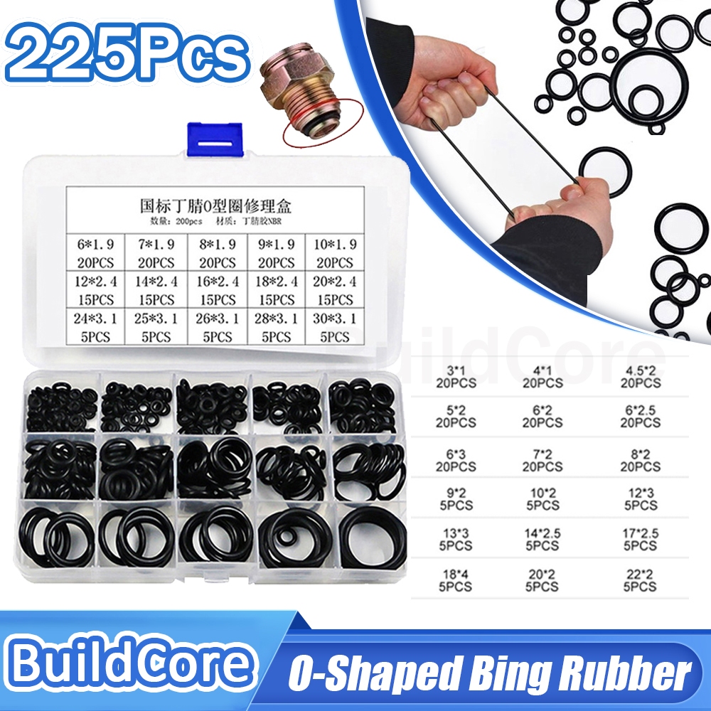 225 pcs Box Black Rubber O Ring Washer Seals O-Ring Assortment kit for ...