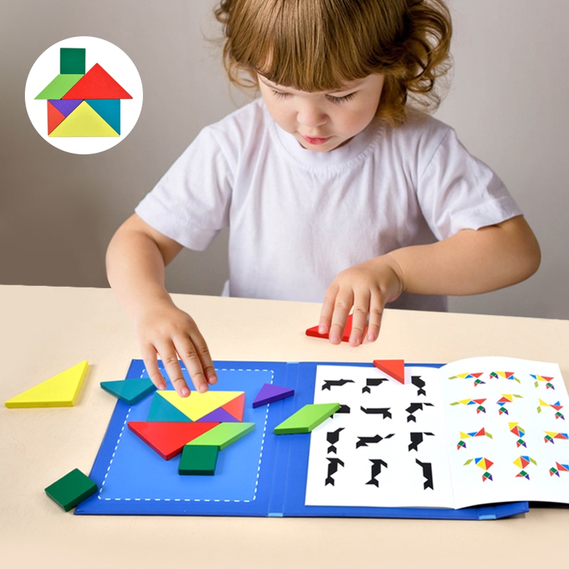 Magnetic Jigsaw Puzzle Tangram Montessori IQ Wooden Blocks Board Game ...