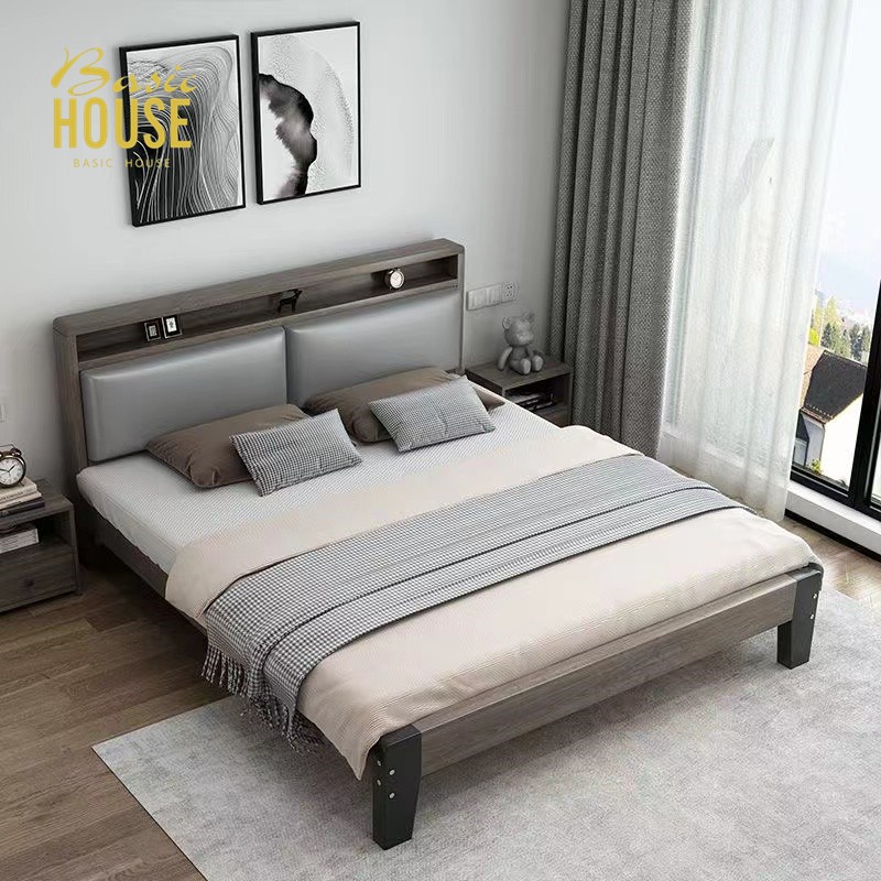 Basic House Solid wood bed modern simple double bed soft package single