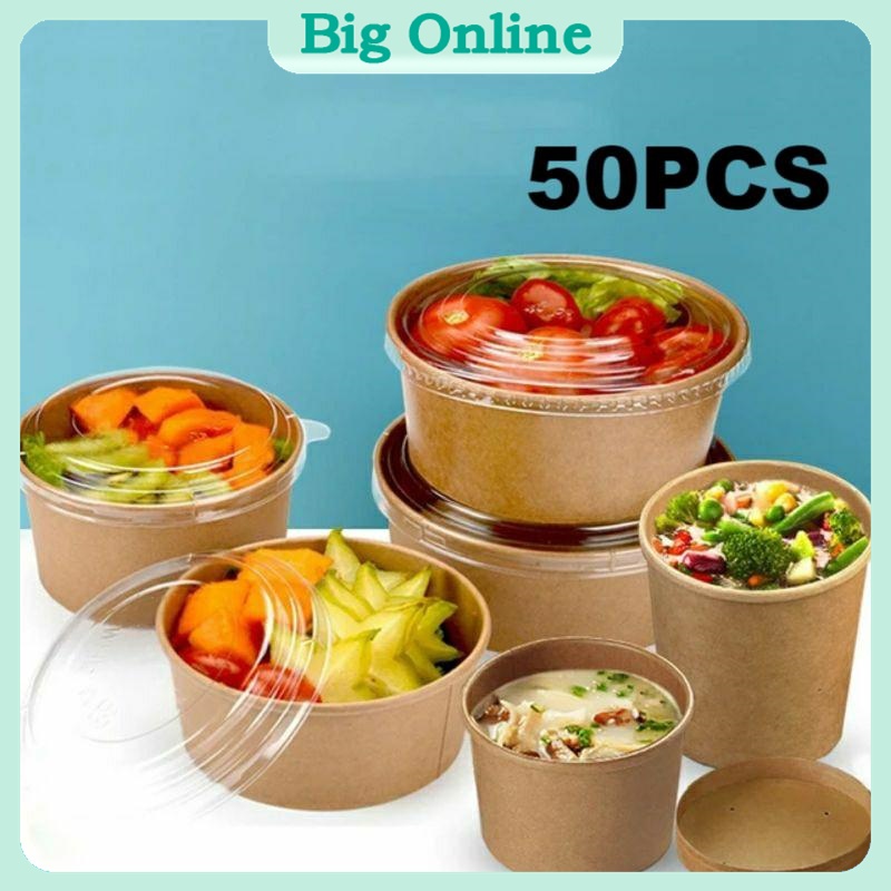 50Pcs 750/1000ml Kraft Paper Salad Bowls Disposable Kraft Paper Bowls