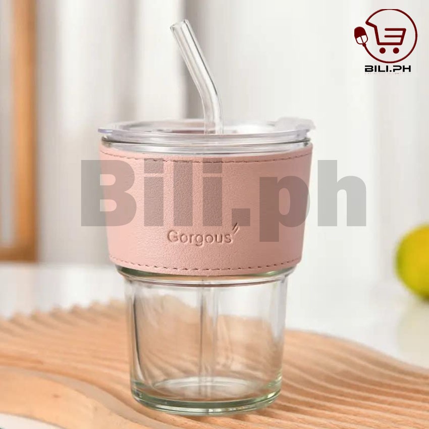 400ml Glass Mug With Leather Case Lid And Glass Straw Double Walled Glass Cup Shopee Philippines 8402
