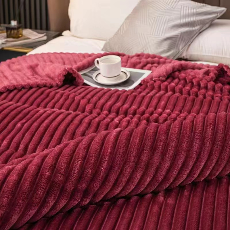 Angbon Solid Stripe Blanket Soft Velvet Warm Fluffy Plush Bed Linen 180