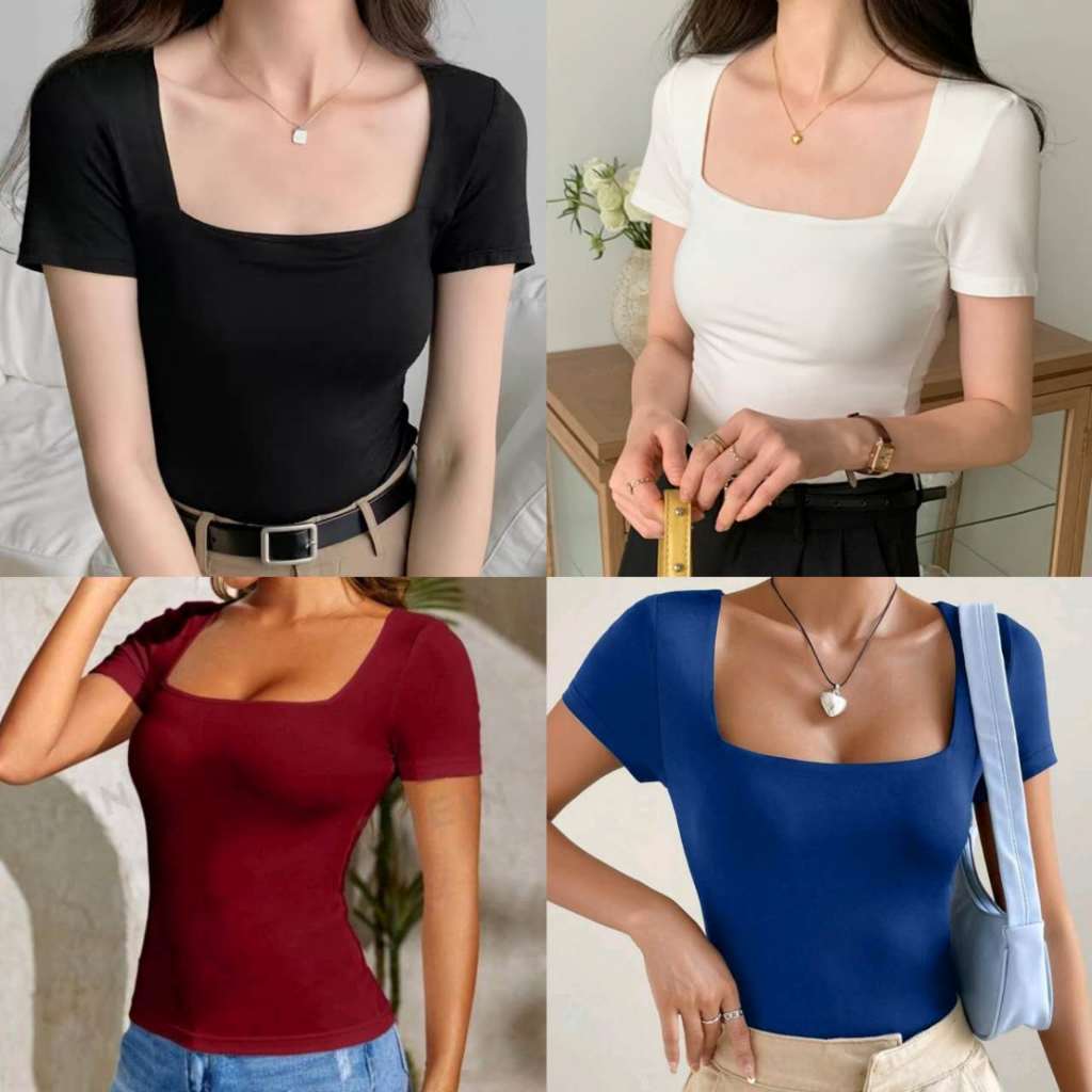 Square Neck Double Lining Tops Semi Full Length Croptop Shirt Basic ...