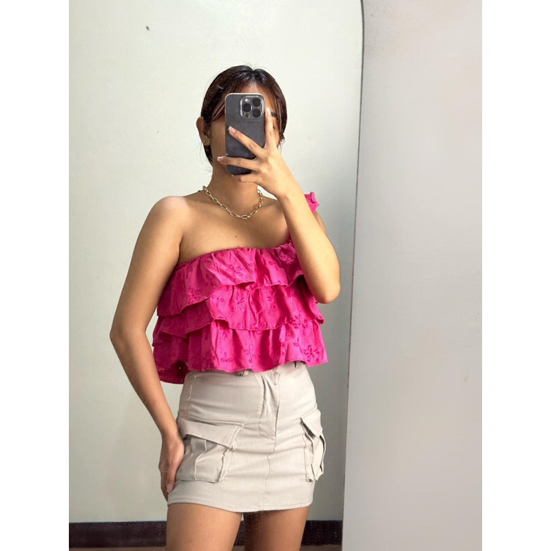 Lila one sided ruffles crop top - eyelet fabric | Shopee Philippines