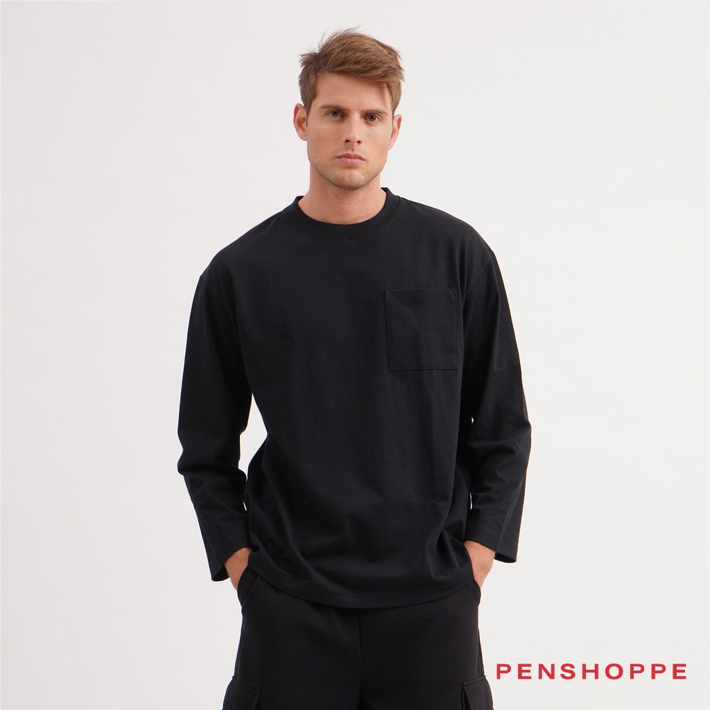 Penshoppe Relaxed Fit Long Sleeve T Shirt With Pocket For Men Black Sand White Tshirt Shopee Philippines