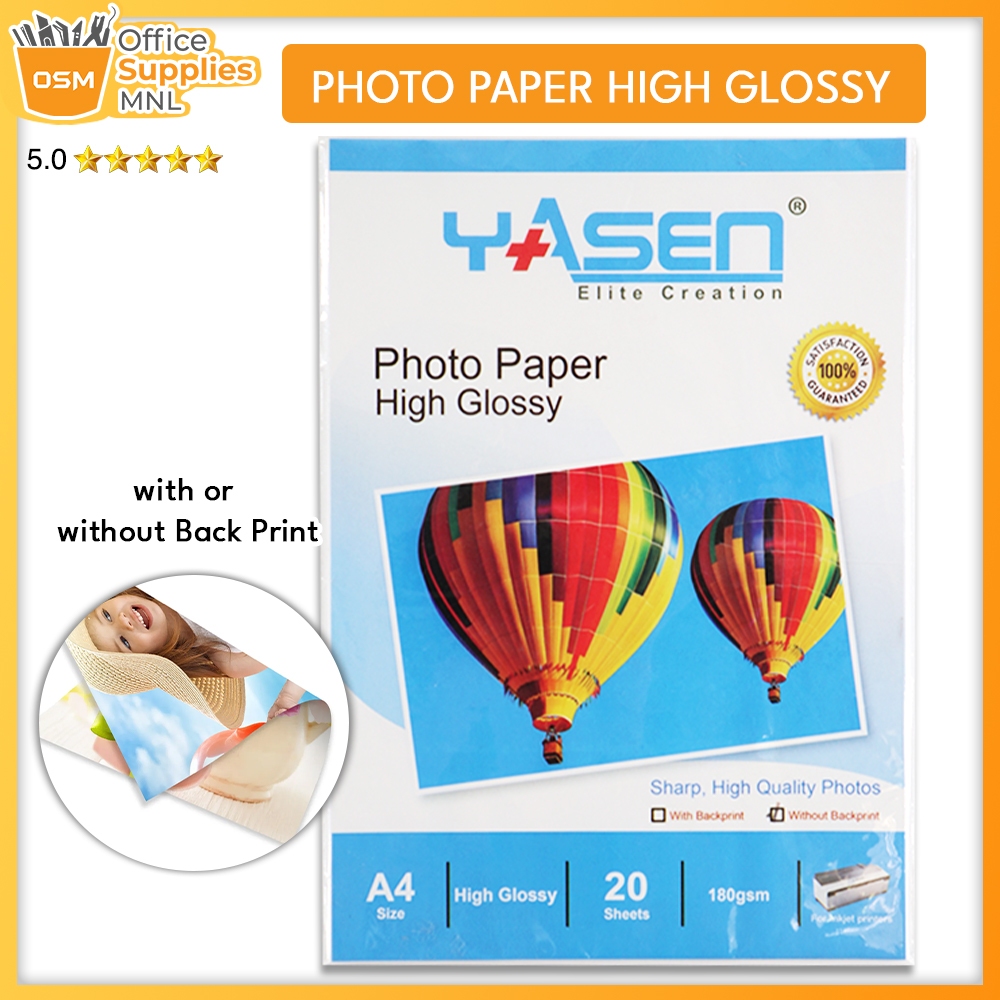 Yasen Photo Paper High Glossy A4 Size 180gsm Inkjet Photopaper 20