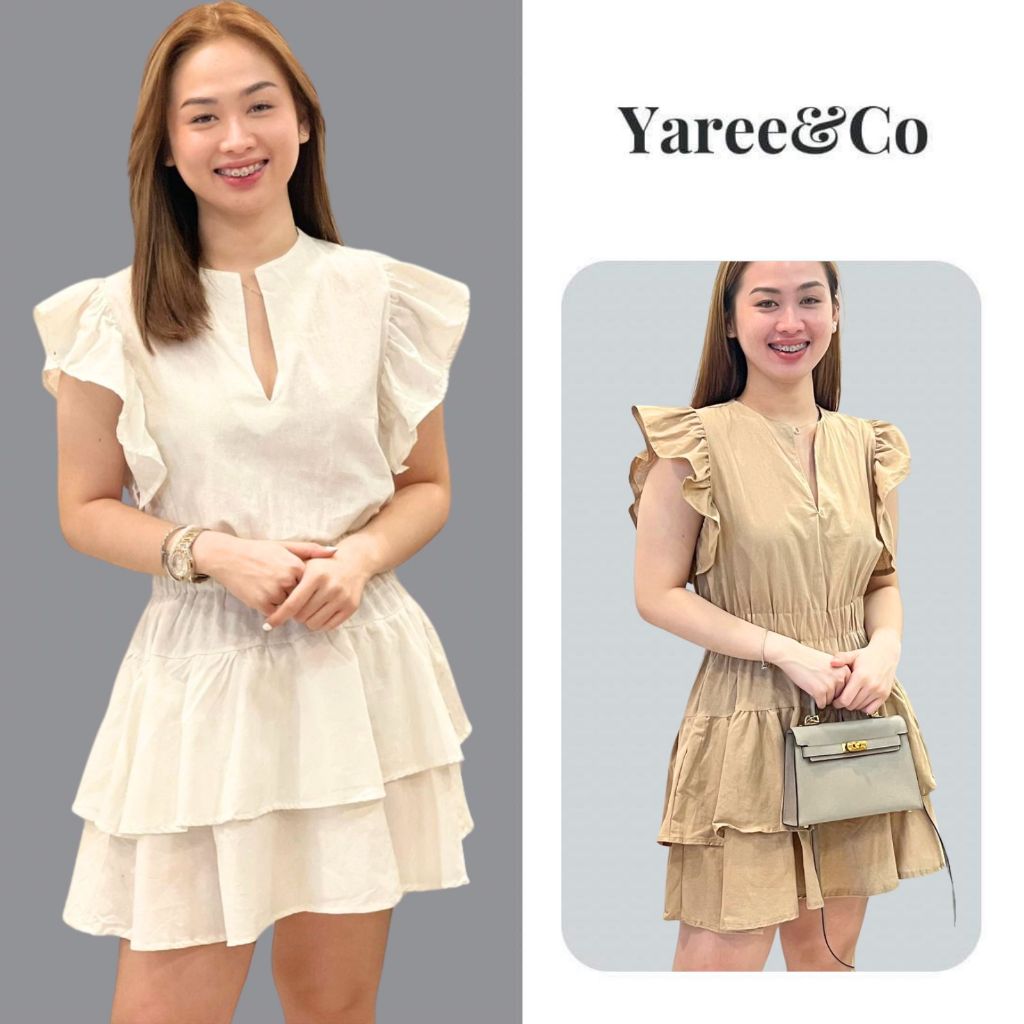 Heidi V-neck slit ruffle Sleeves layered dress | Shopee Philippines