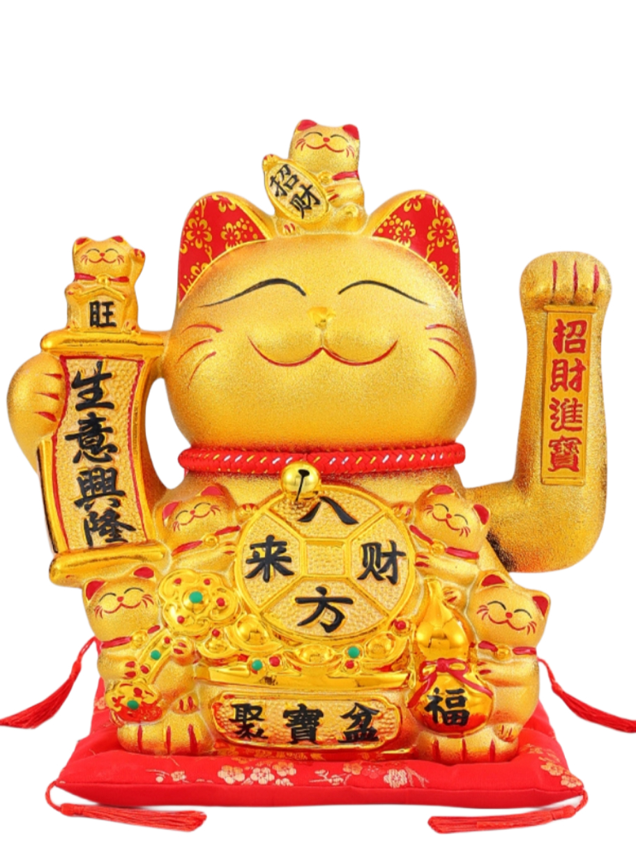 MANEKI NEKO. WAIVING CAT Ceramic (lucky cat) gold color home new house ...