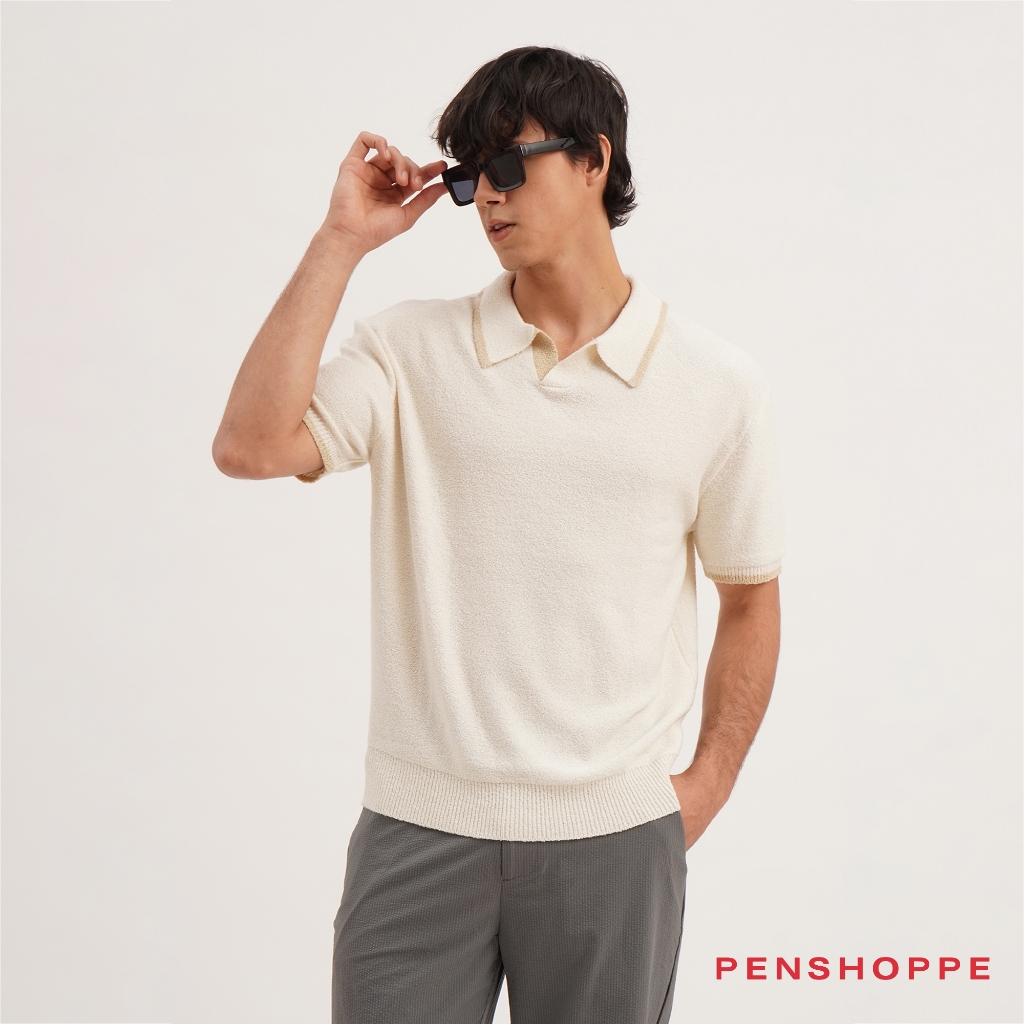 Penshoppe Relaxed Fit Polo With Open Collar For Men Off White Polo