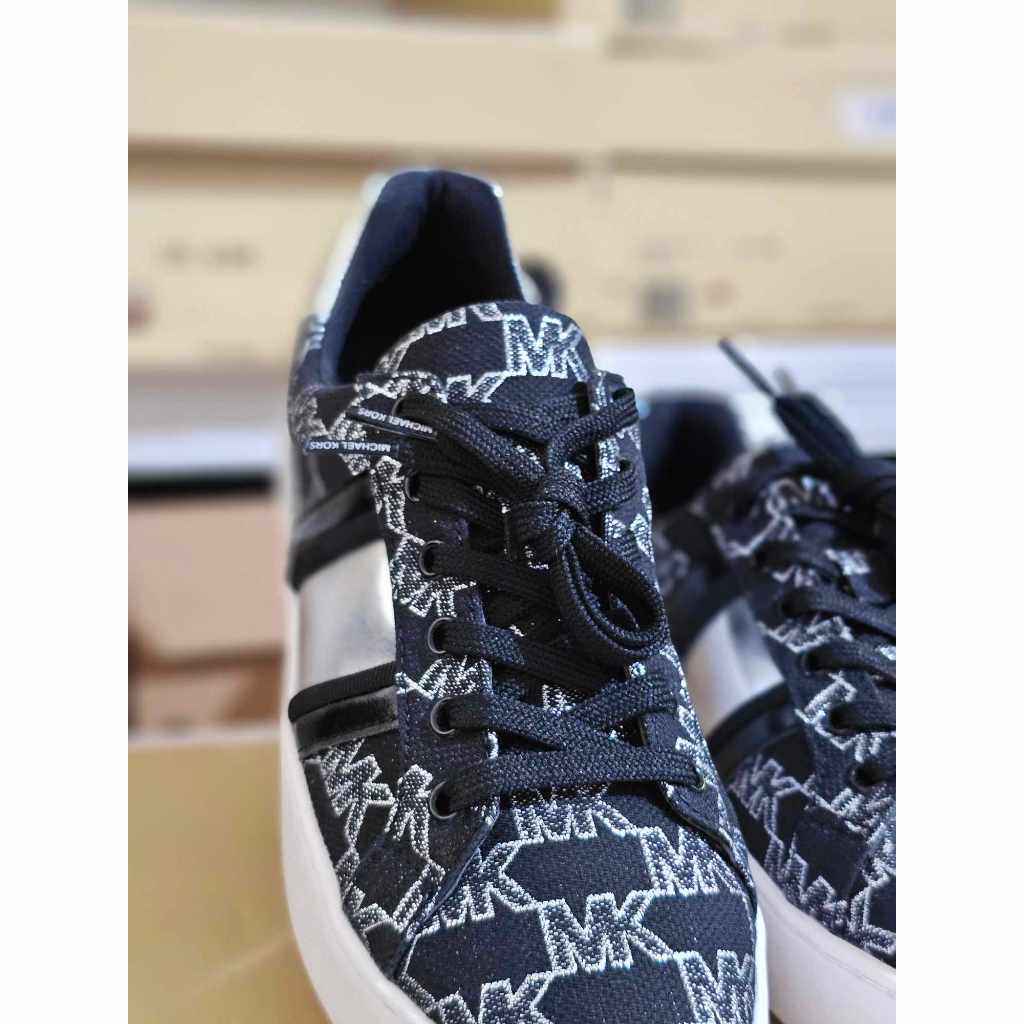 Michael Kors Poppy Stripe Lace Up Sneakers Black Monogram Canvas Size 7.5
