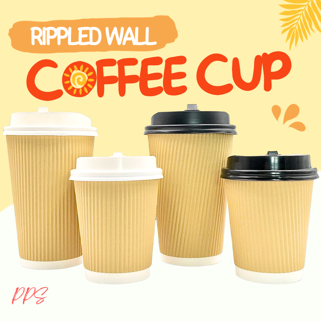 Yellow Vertical Rippled Wall Coffee Paper Cup with Flip Lid 50pcs (8oz ...