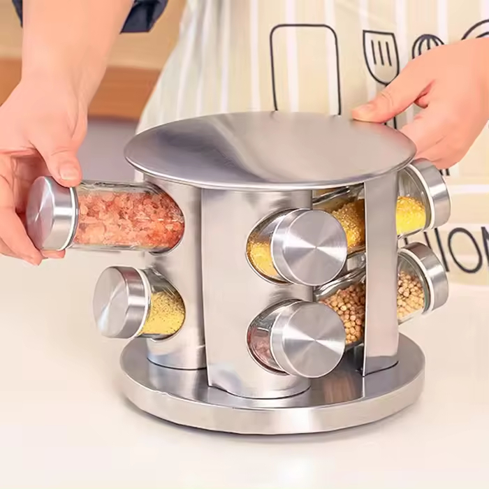 8 Jars Carousel Spice Rack Glass Rotating Condiments Rack Salt and ...