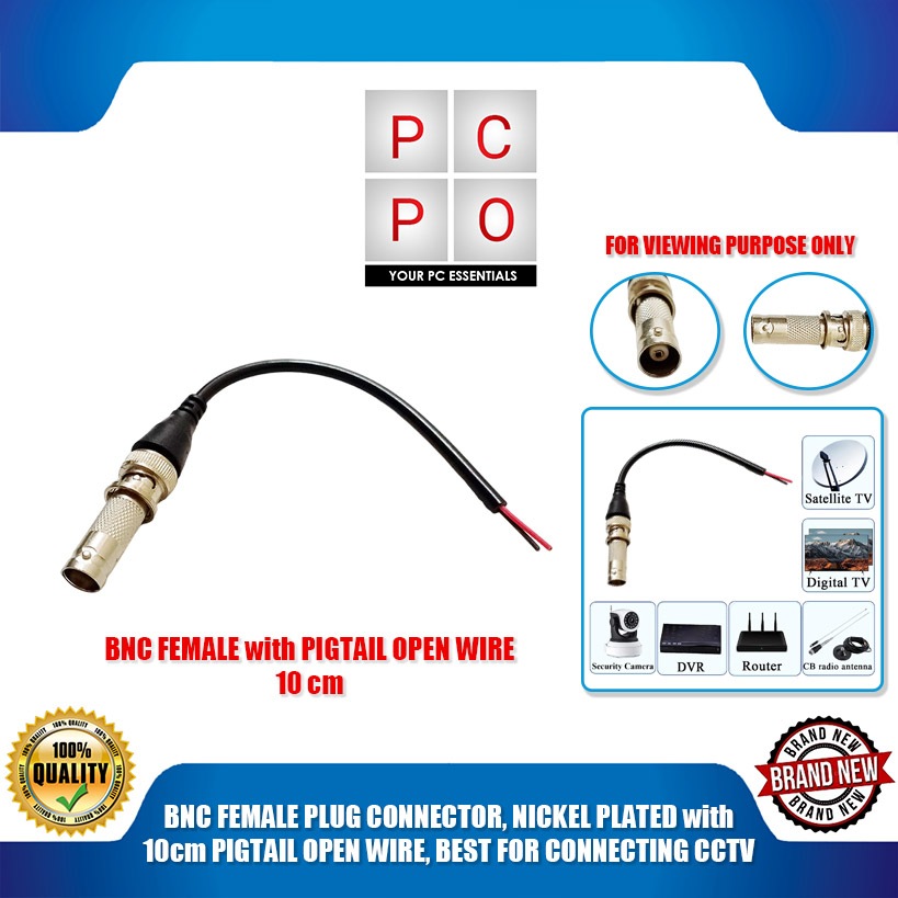PC PO BNC FEMALE PLUG CONNECTOR, NICKEL PLATED with 10cm PIGTAIL OPEN ...
