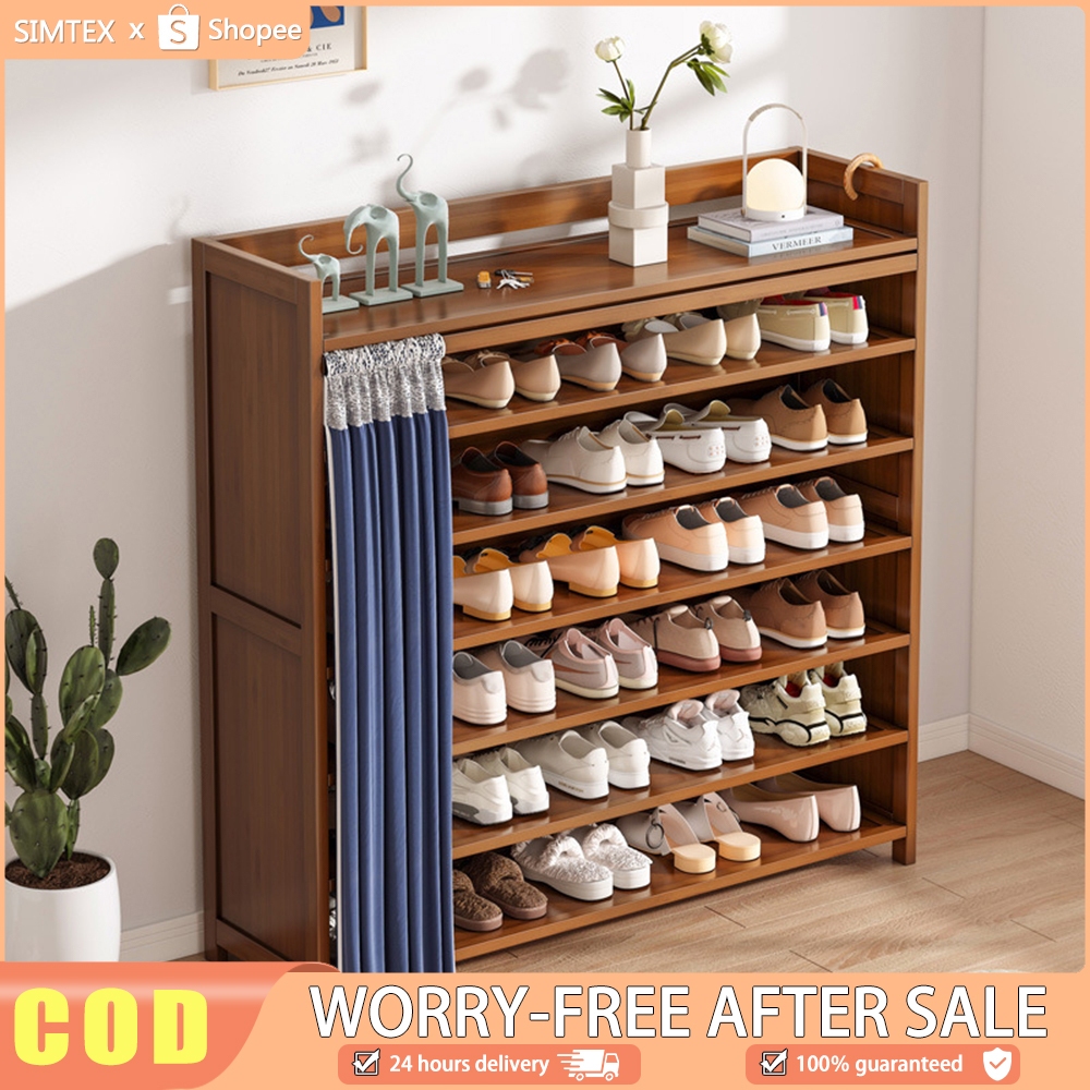 Wooden Shoe Cabinet With Curtain Bamboo Shoe Rack Shoe Storage Cabinet 20 pairs of shoes 6 Layer Shopee Philippines