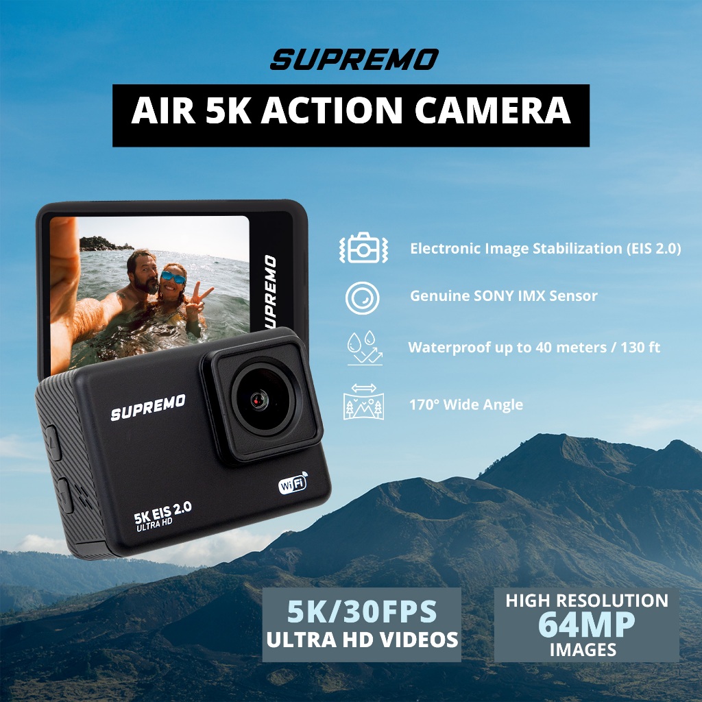 Supremo Air 5K Action Camera Black Ultra HD & 64MP Photos IP68