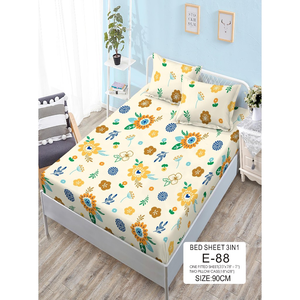 Bedsheets Garterized 3in1 Single Bed Sheet With Pillow Case Cotton